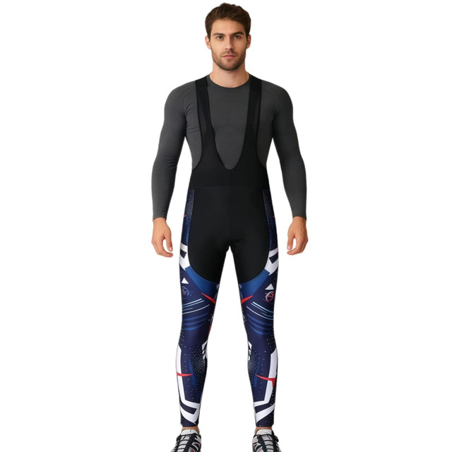 Men's cycling bib tights in navy and black with a subtle patterned design, featuring shoulder straps and a branding logo.