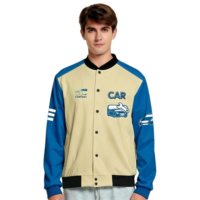 A unisex varsity jacket in beige and blue, featuring a logo and graphic designs on the sleeves.