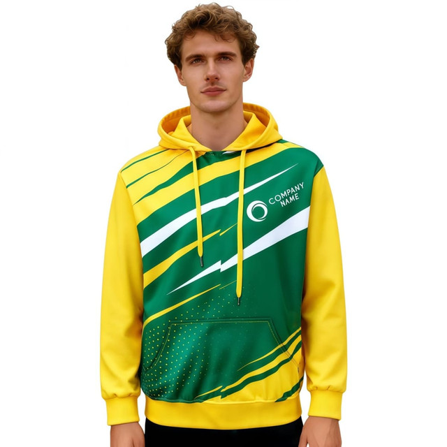 A unisex hoodie featuring a vibrant green and yellow design, complete with a front pocket and a logo.