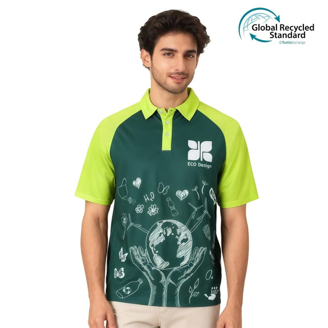 A vibrant green and dark green unisex polo shirt featuring a logo and eco-themed graphics.