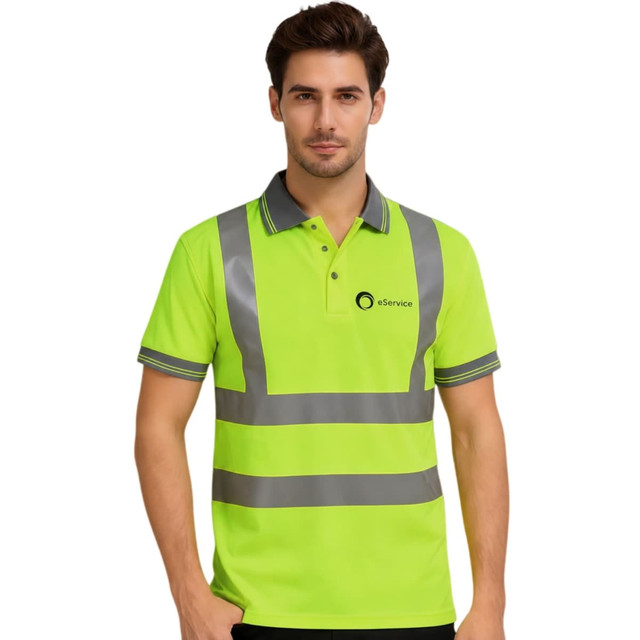 A unisex hi-vis reflective polo shirt in bright lime green with grey detailing and a logo.