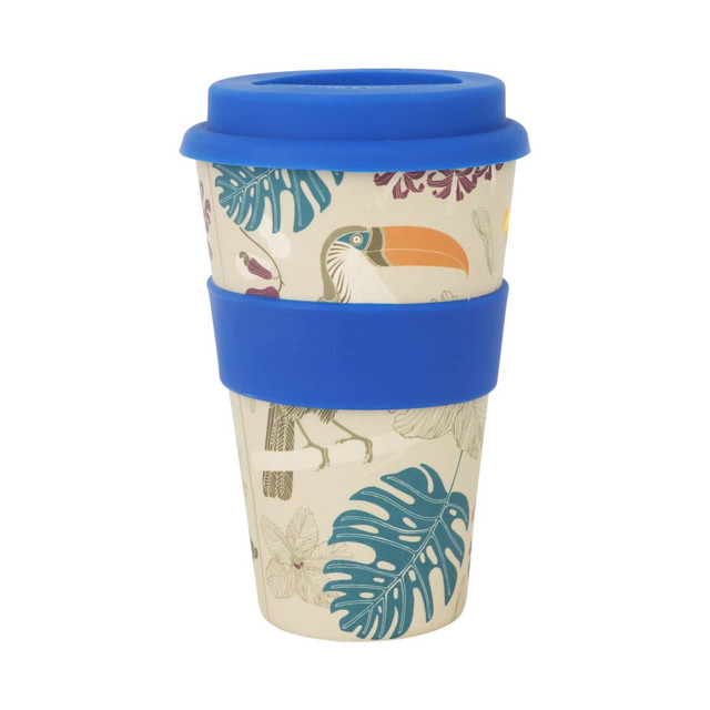 A reusable bamboo coffee cup with vibrant tropical designs, featuring a blue silicone lid and sleeve. A reusable bamboo coffee cup with vibrant tropical designs, featuring a blue silicone lid and sleeve.
