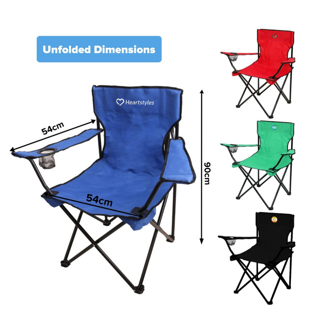 A foldable camping chair in blue, green, black, and red, featuring a cup holder and a logo on the side.