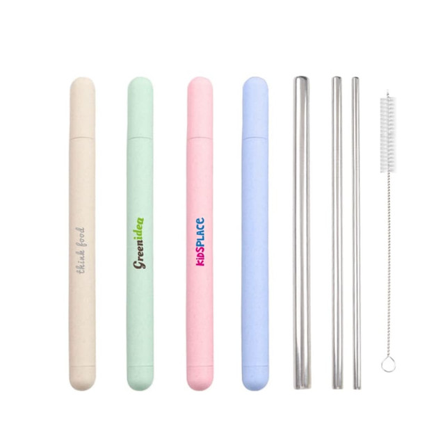 A set of eco-friendly straws in pastel colours, including a cleaning brush, with a logo on each case.