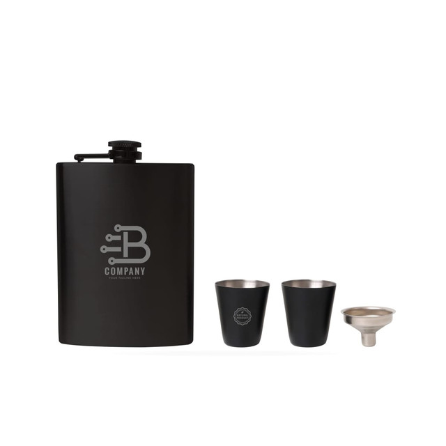 A black stainless steel hip flask set with two cups and a funnel, featuring a logo on the flask.