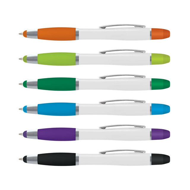 A collection of Vistro Multi-Function Pens in orange, green, blue, teal, purple, and black with white barrels and clips.