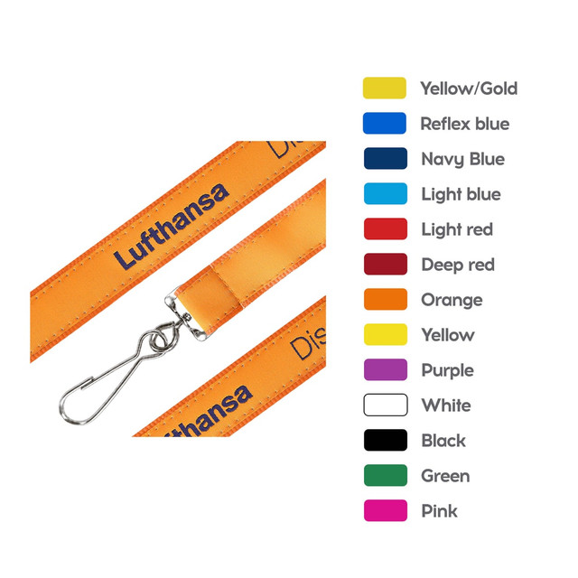 An orange woven lanyard featuring a clip, with various colour options listed beside it.