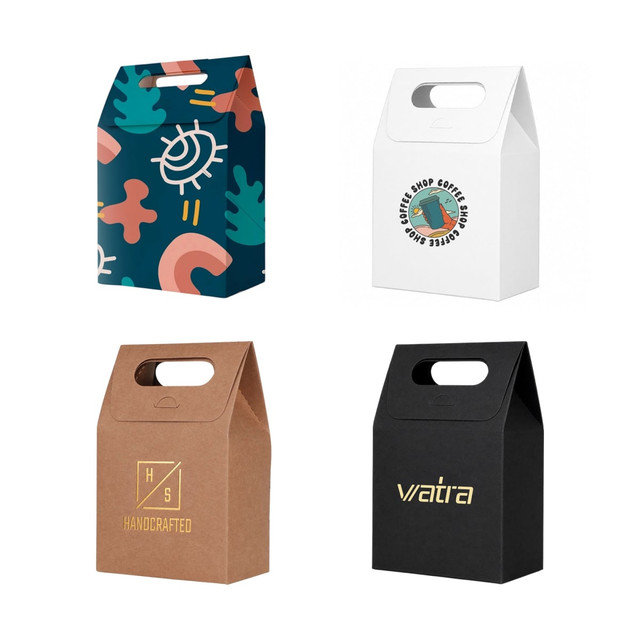 Die cut handle bags in various colours and designs, including patterned, white, and kraft paper options, with branding.