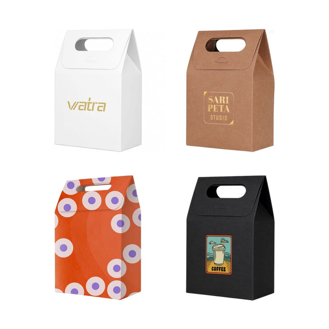 Die cut handle bags in white, brown, orange with patterns, and black, featuring various logos and designs.