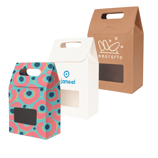 Three die cut handle bags in various designs: one with a colourful pattern, a plain white one with a logo, and a kraft brown bag.
