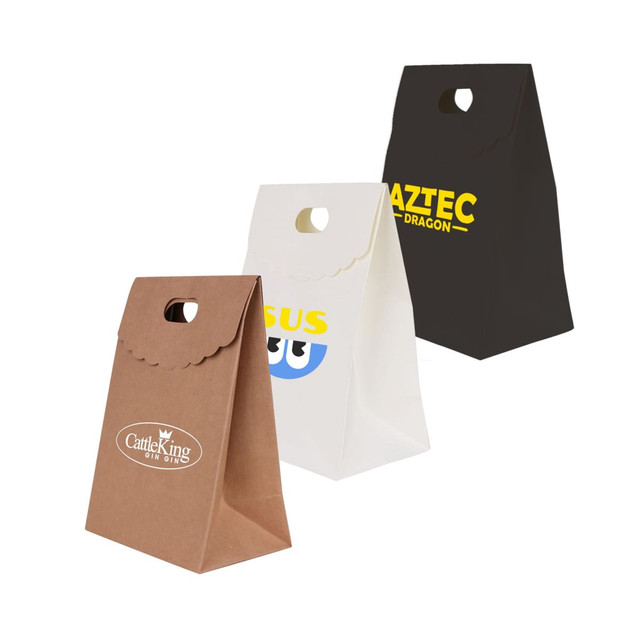 Three die cut handle bags with flaps in brown, white, and black, featuring different logos and designs.