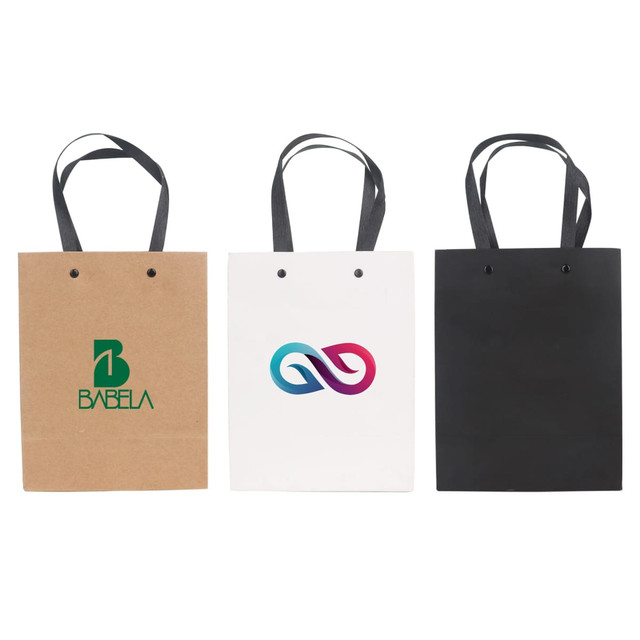 Three small vertical paper bags with knitted handles in brown, white, and black, featuring logos on the brown and white bags.