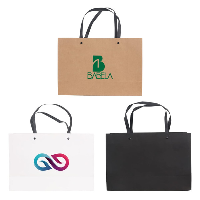 Three small crosswise paper bags in brown, white, and black, featuring knitted handles and logos.