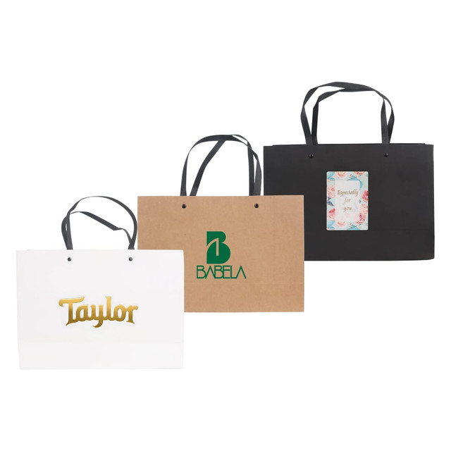 Three small crosswise paper bags with knitted handles: one white, one brown, and one black, each featuring different logos.