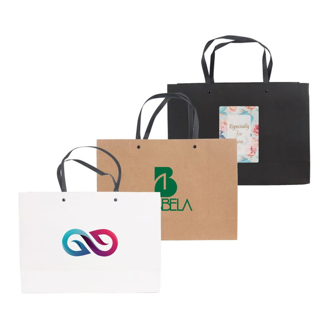 Three large crosswise paper bags with knitted handles in white, brown, and black, featuring various logos and designs.