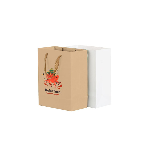 Two small vertical paper bags with rope handles; one is brown with a frog design, the other is plain white.