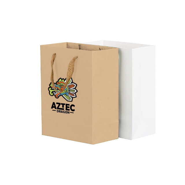 A medium vertical paper bag in brown with a fabric flat handle, featuring a logo design, alongside a plain white bag.