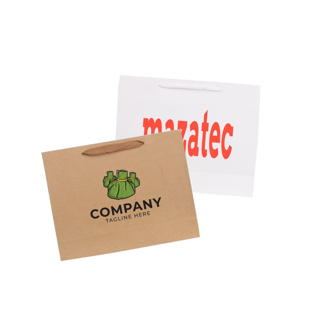 Brown and white paper bag with rope handles, featuring a logo on the brown side and red text on the white side.