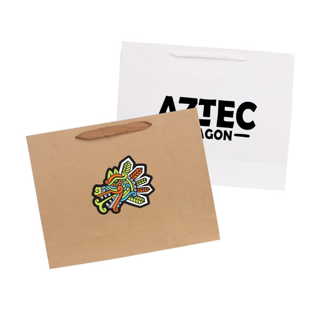 A medium crosswise paper bag in brown and white with a fabric flat handle, featuring a logo and a colourful graphic.