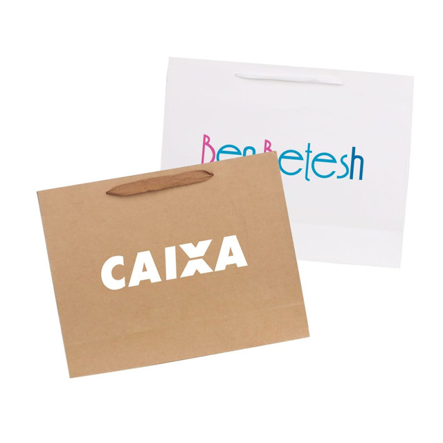 Two large paper bags with fabric flat handles. One is white with colourful text, and the other is brown with white text.