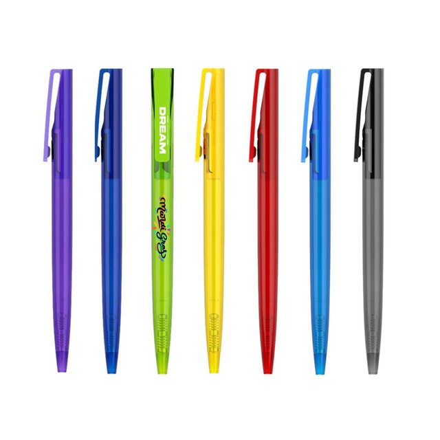 A set of plastic pens with transparent barrels in purple, blue, green, yellow, red, and black, featuring various branding.