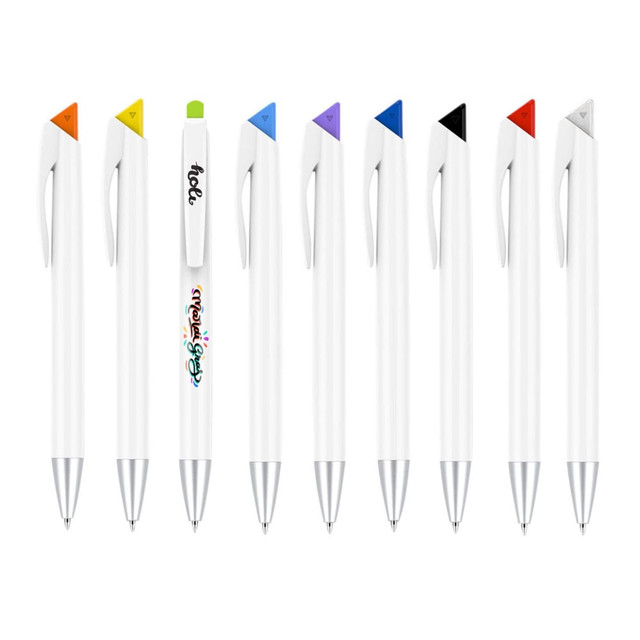 A collection of white plastic pens with various coloured accents, including orange, green, blue, purple, and black. One pen features a decorative design.