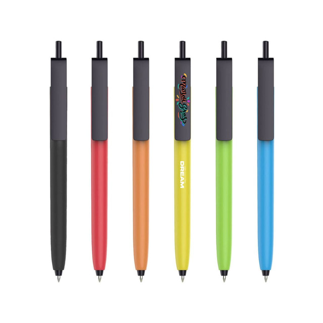 A collection of push button pens with black caps and colour barrels in black, red, orange, yellow, green, and blue.