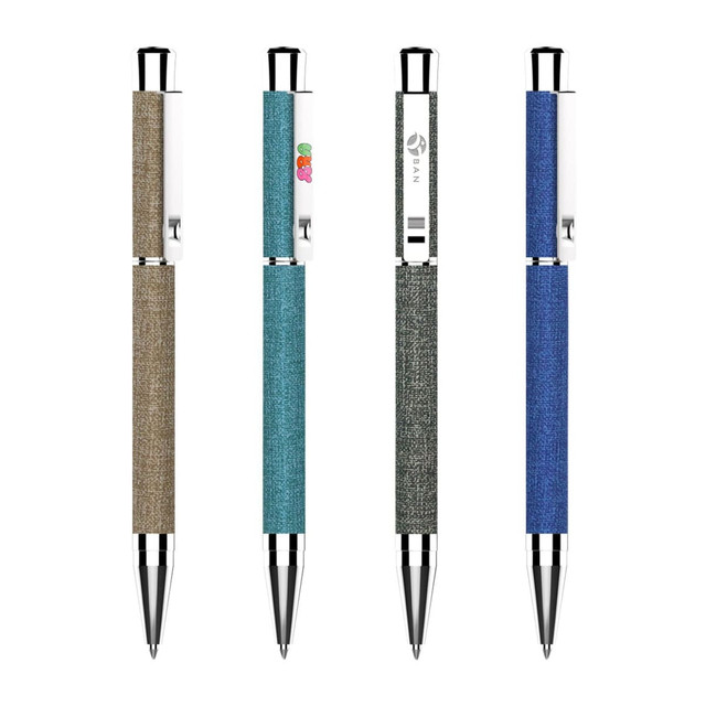 Four metal pens in various colours: brown, teal, grey, and blue, featuring a sleek design and branded logos.