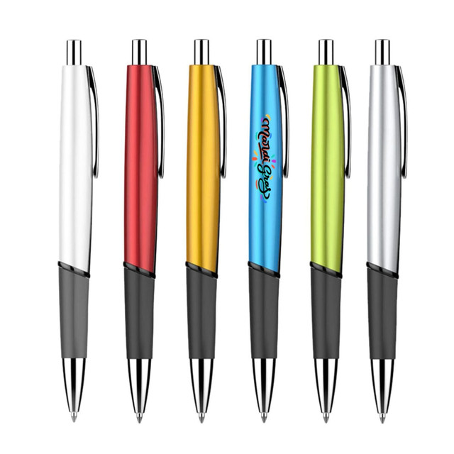 A set of six plastic pens in various colours: white, red, yellow, blue, green, and silver, featuring a logo.