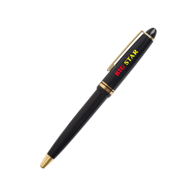 A plastic pen in black with gold trim, featuring a logo on the barrel.