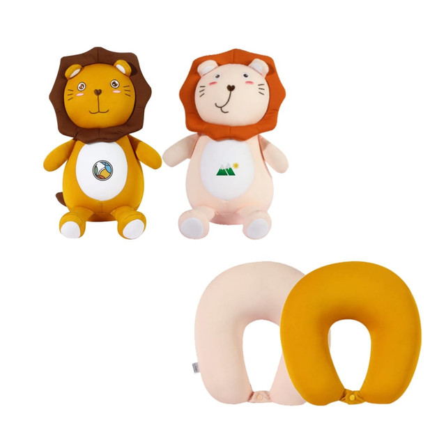 Lion-shaped 2-in-1 travel pillow features plush toys in yellow and beige with playful designs and a logo.
