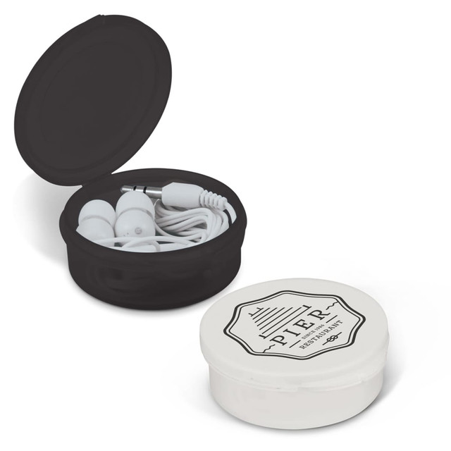 A black and white round case contains white earbuds and a headphone cable, featuring a branding logo on the lid.
