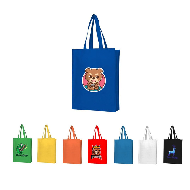A blue non-woven bag with a large gusset and a logo featuring a bear. Other bags in various colours are displayed below.