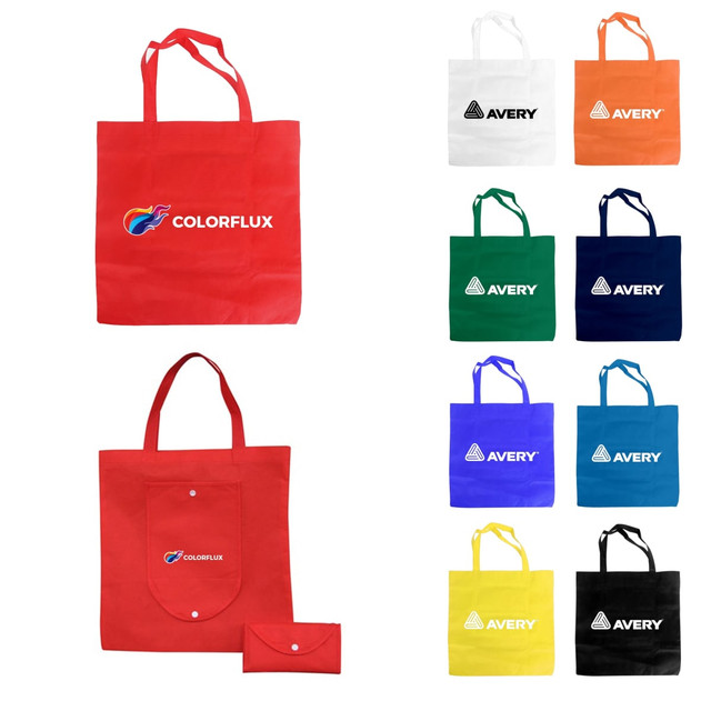 A collection of foldable non-woven bags in various colours including red, white, green, blue, and yellow, each with a logo.