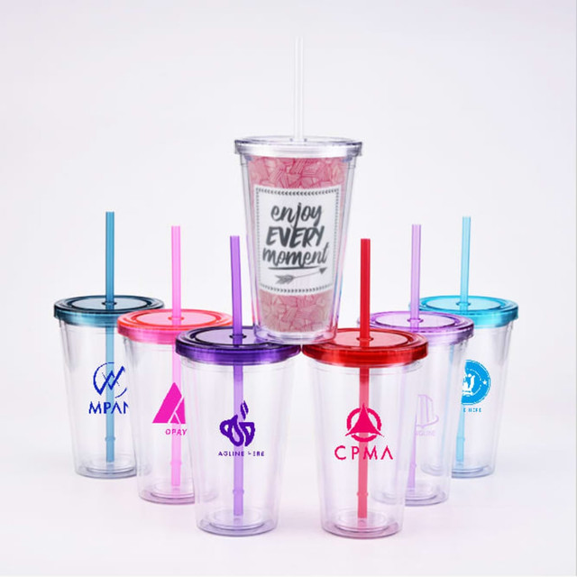 A collection of clear plastic cups with colourful lids and straws, featuring various logos.