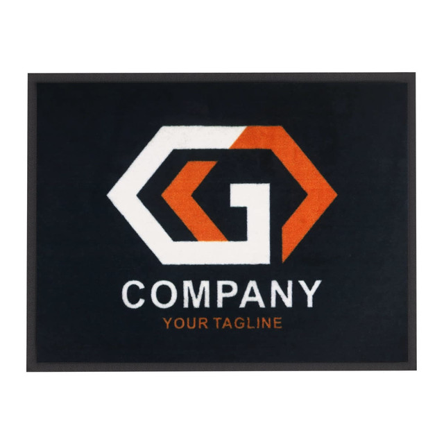 A nylon logo mat featuring a dark background with orange and white geometric shapes and a company logo.