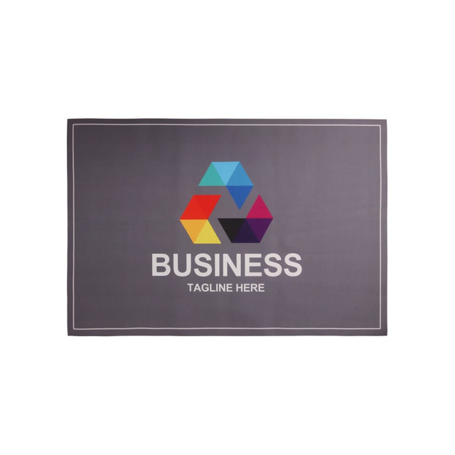 A diatomite floor mat in grey featuring a colourful geometric logo and text layout, designed for office use.