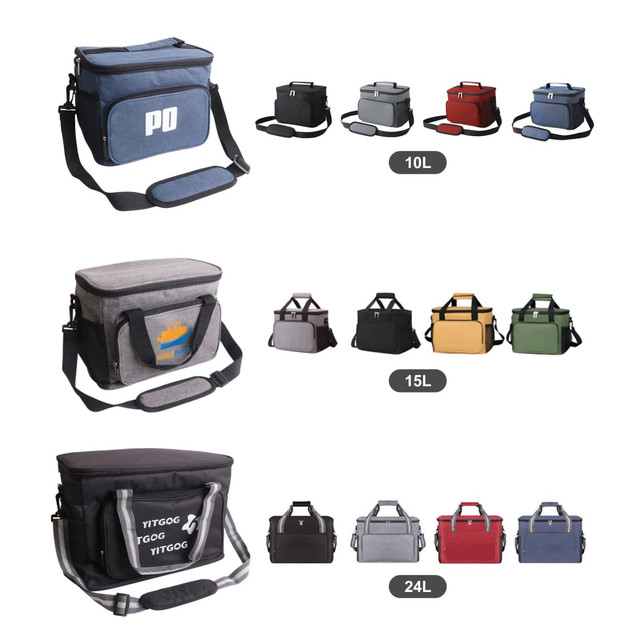 Various cooler bags in different colours and sizes (10L, 15L, 24L), featuring different designs and logos.