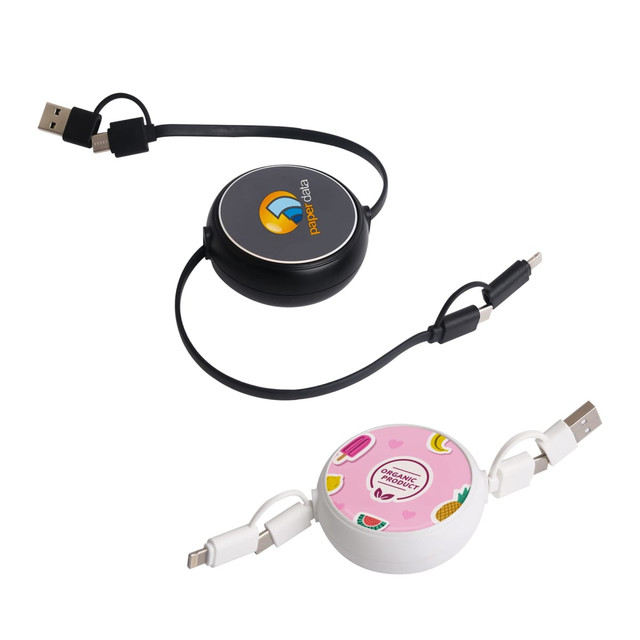A retractable portable charging cable featuring a black and a white design, both with different logos and connectors.