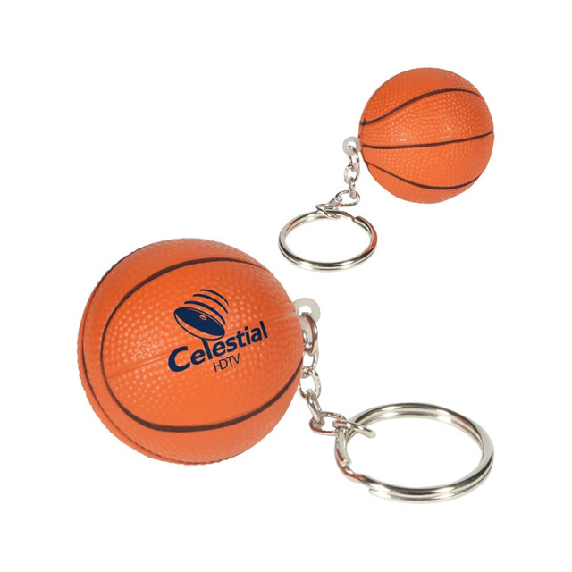 A keyring featuring an orange basketball stress item, complete with a metal keychain and a logo.