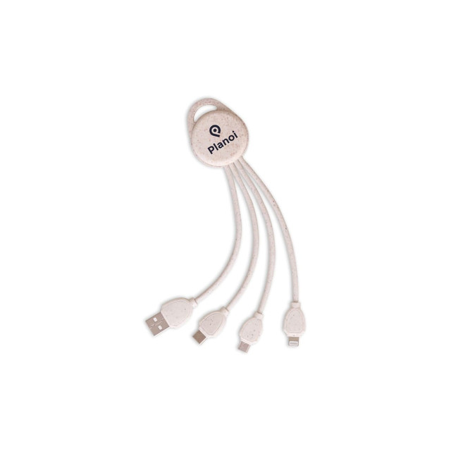 A round-shaped charging cable in a light colour, featuring multiple connectors and a logo.