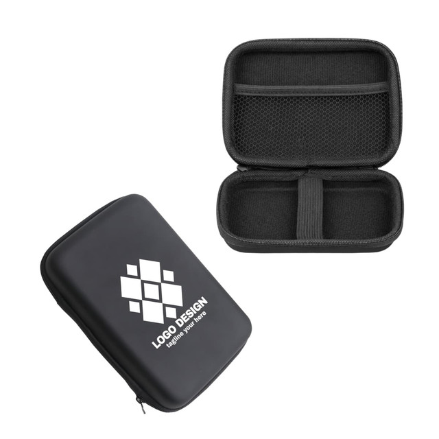 A large black zipper case with a textured interior and a logo on the front, featuring two compartments.