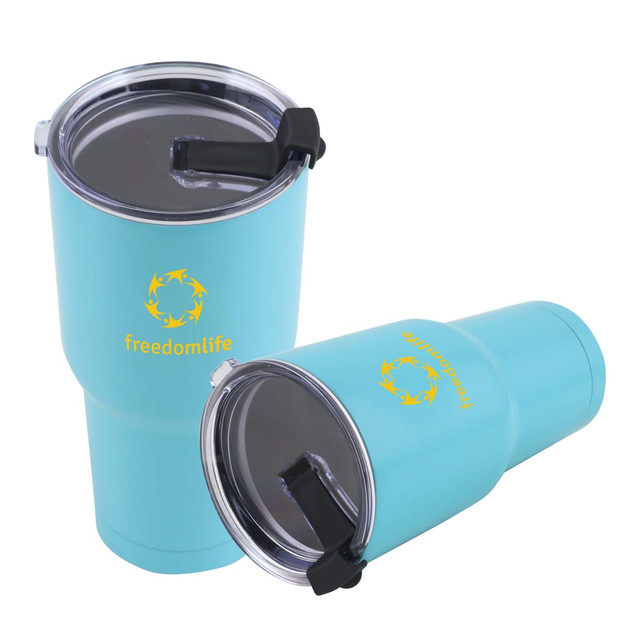 A drink bottle featuring a blue double wall stainless steel tumbler with a lid and a logo. Two tumblers are displayed.