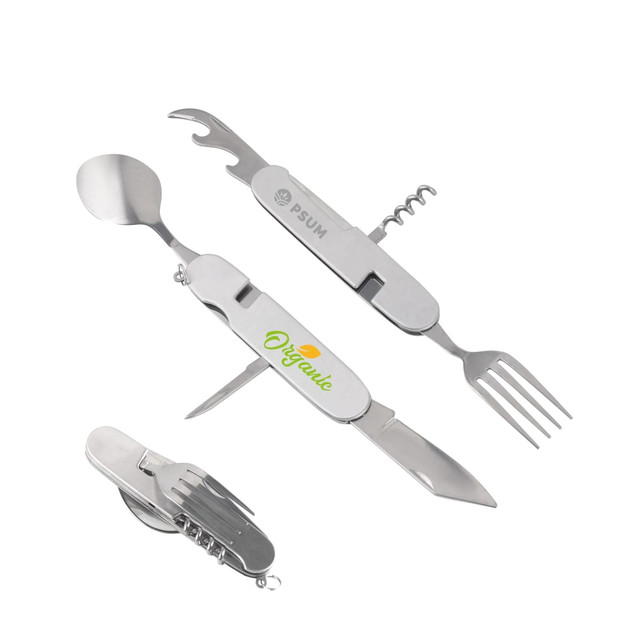 A multi-functional camping cutlery tool in stainless steel, featuring a spoon, fork, knife, and bottle opener.
