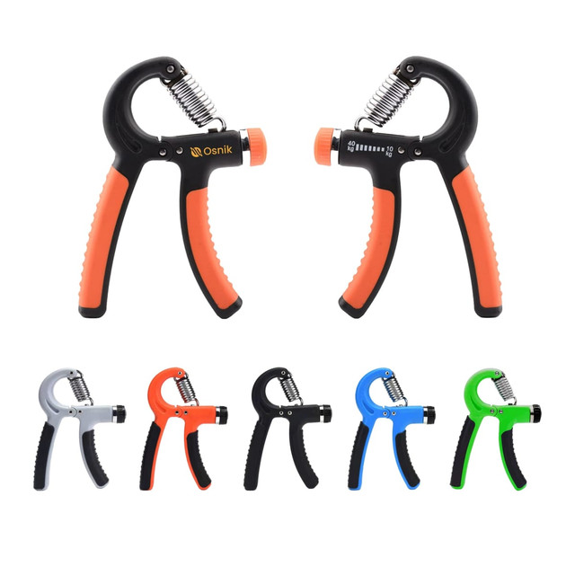 A pair of adjustable hand grips in black and orange, with additional grips in grey, blue, and green. Each has a logo.