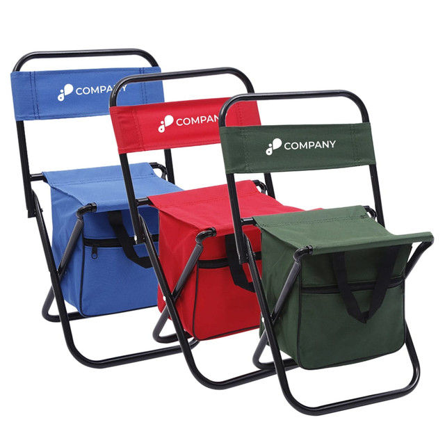 A foldable camping chair set in blue, red, and green, each with a padded seat and a bag attached, featuring branding.