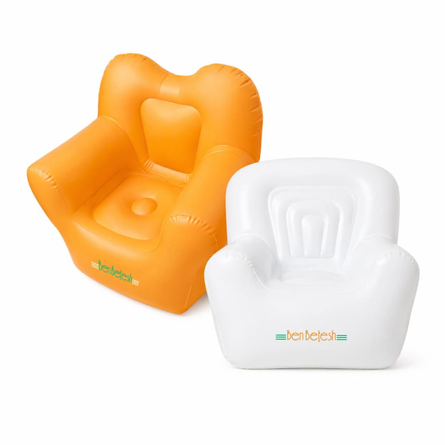 An orange inflatable chair and a white inflatable chair, both featuring a logo on the front.