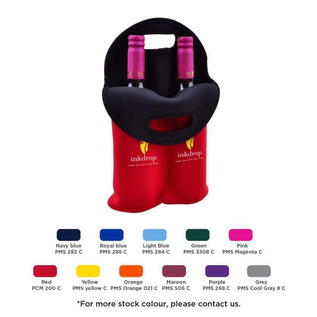 A red twin wine cooler featuring a black handle, designed to hold two drink bottles. It has a logo.