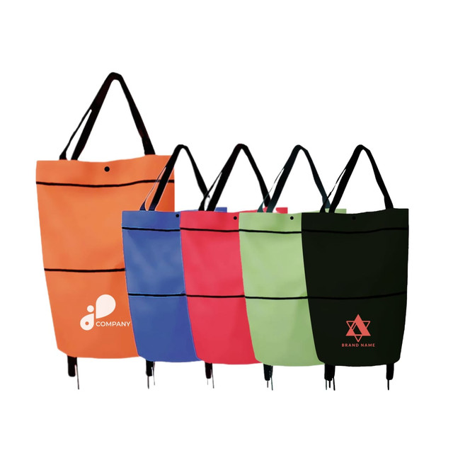 A set of five collapsible shopping trolley bags in orange, pink, blue, green, and black, each with a logo.
