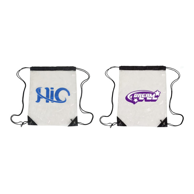 A clear PVC drawstring bag with black accents and logos displayed on both sides.